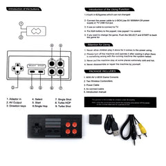 Instruction manual and components for a retro game console with wiring diagram and product list.