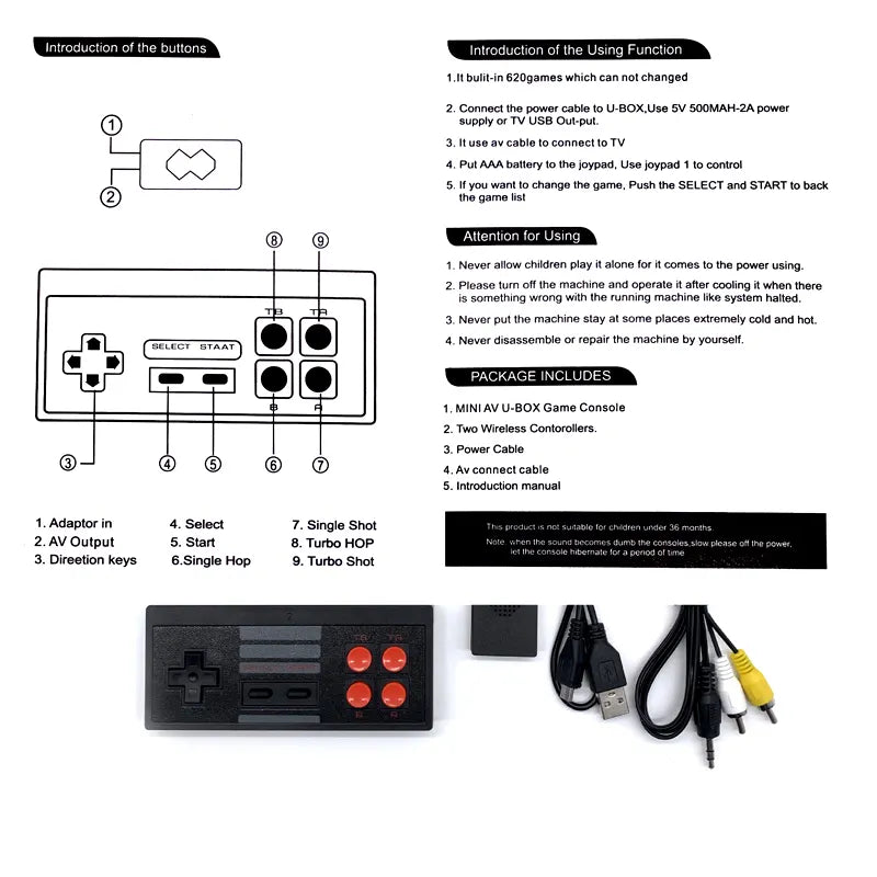 Instruction manual and components for a retro game console with wiring diagram and product list.