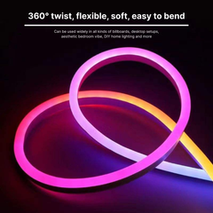 Neon light strip with text describing its features on a dark background