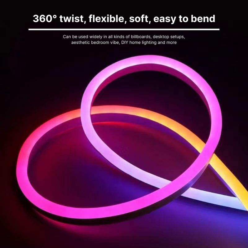 Neon light strip with text describing its features on a dark background