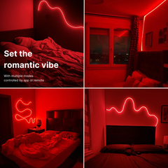 Neon lights creating a romantic atmosphere in various rooms.